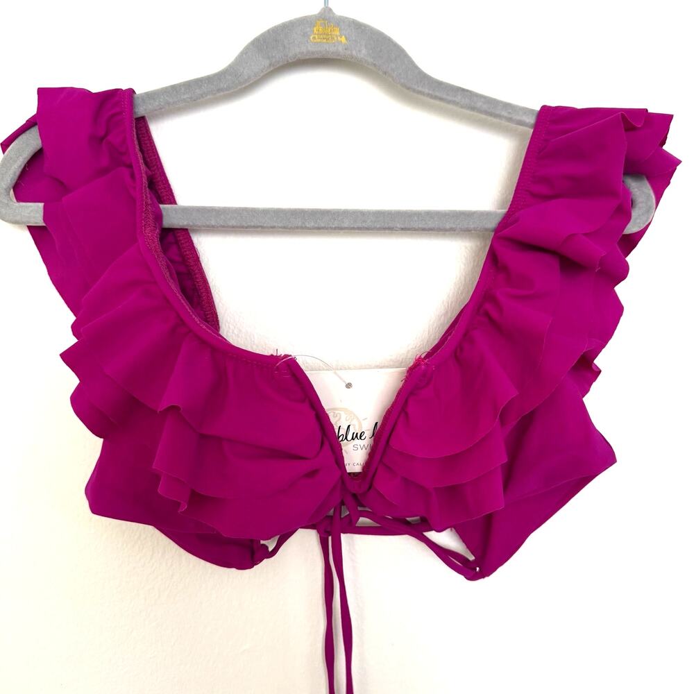 Blue Life Halter Swim Top with Voluminous Shoulder Ruffles